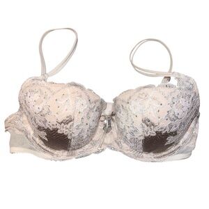 EUC Victoria's Secret Very Sexy Balconet Bra Ivory White Lace Rhinestone 34B
